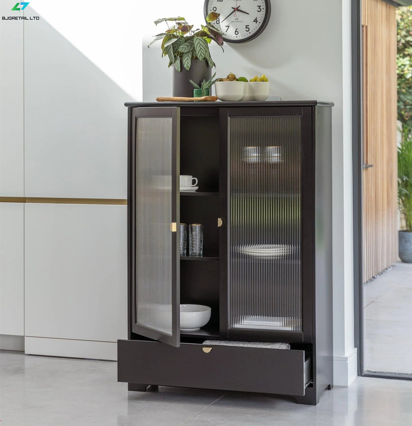 Vic black tall cabinet with fluted glass