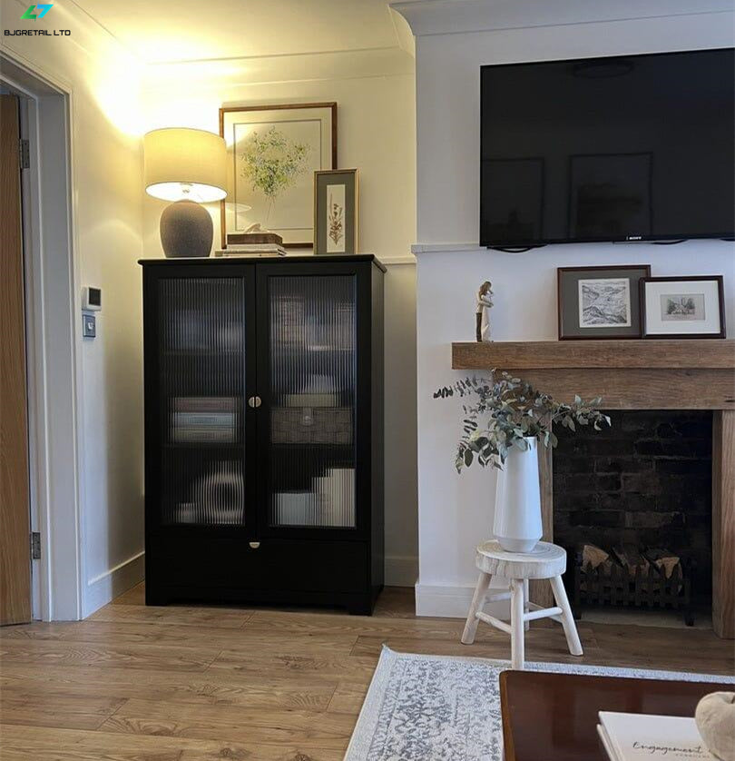 Vic black tall cabinet with fluted glass