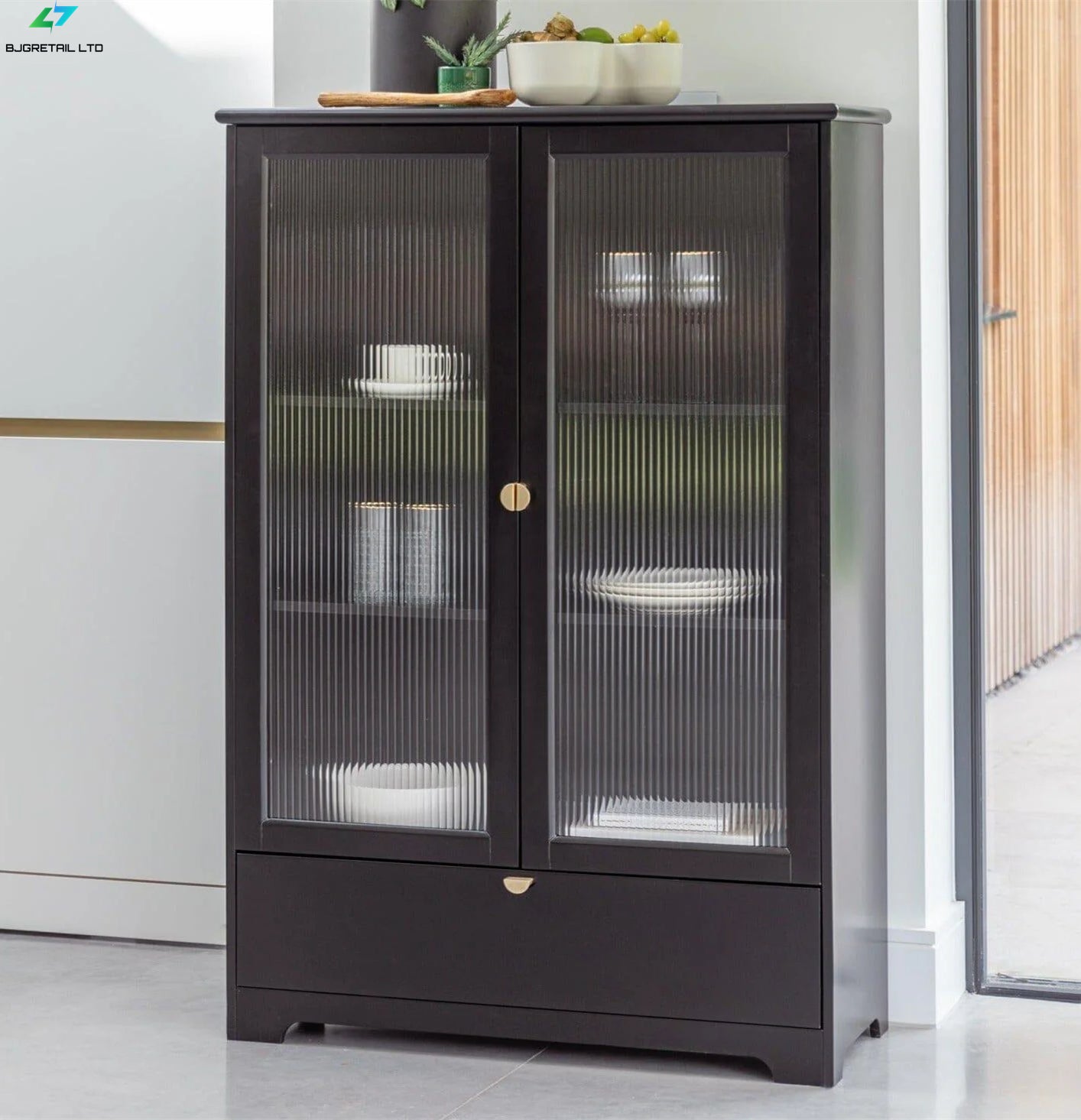 Vic black tall cabinet with fluted glass