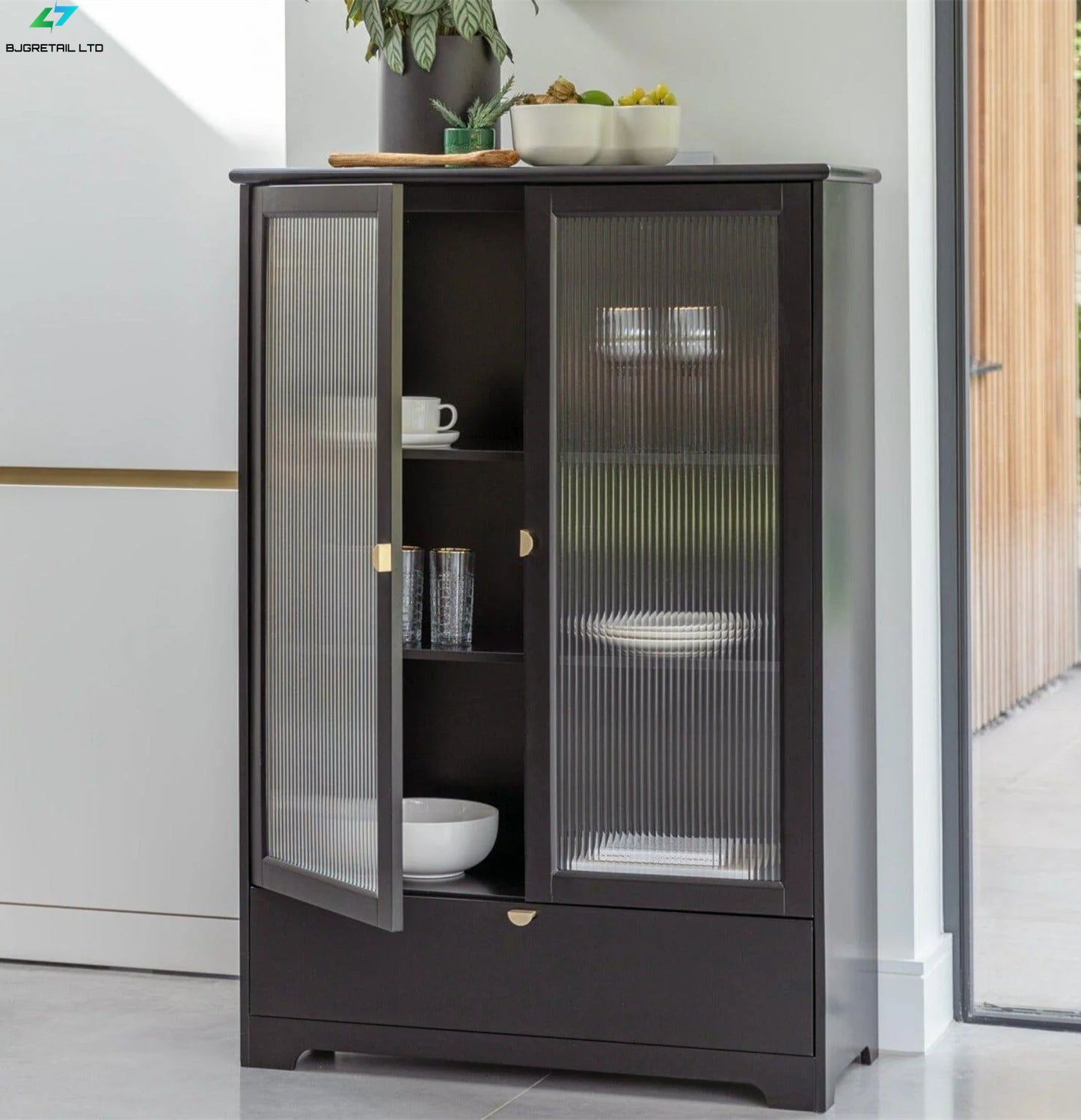 Vic black tall cabinet with fluted glass